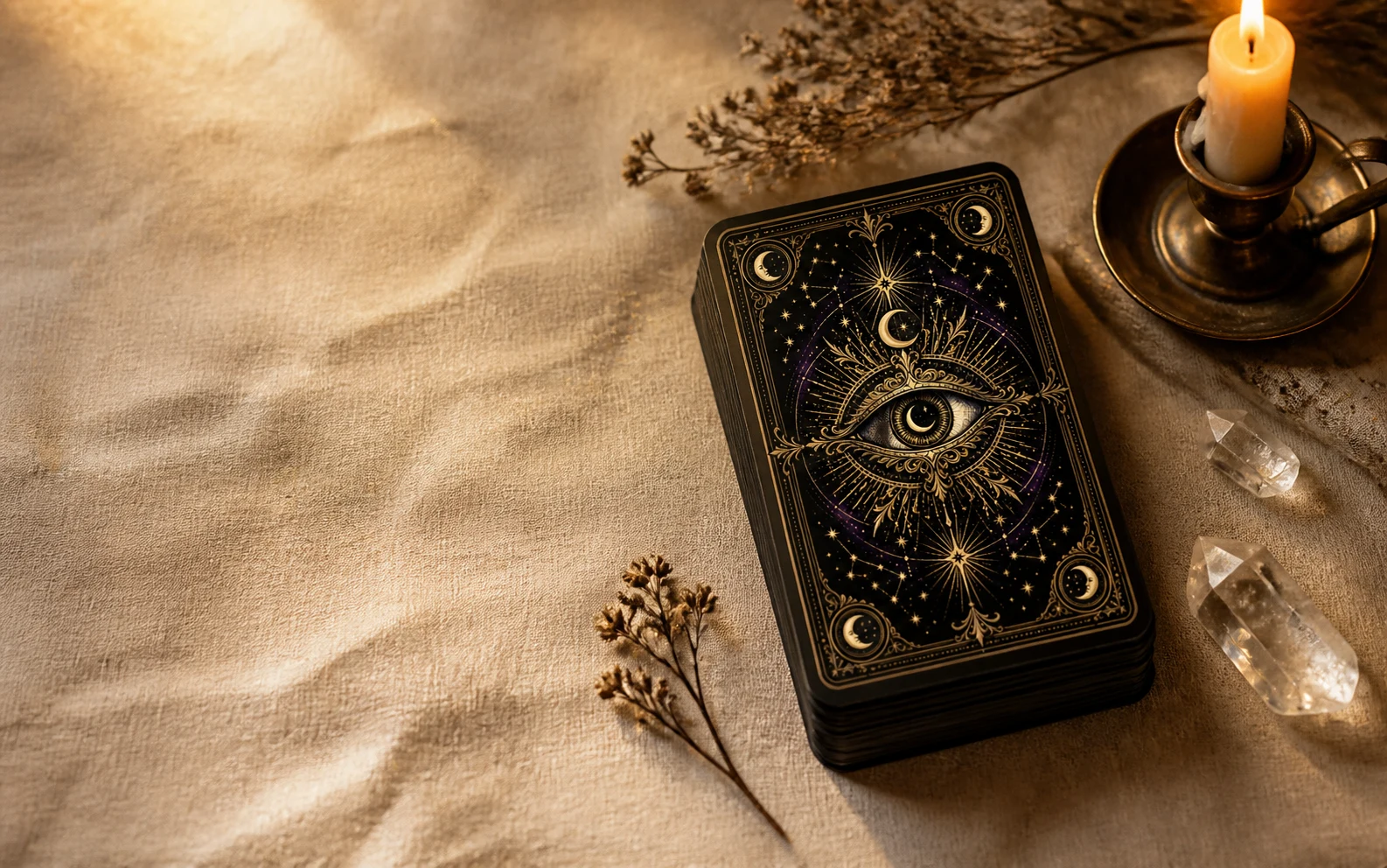 Jeu de tarot de Francesca, chandelle et cristaux sur une étoffe ivoire
